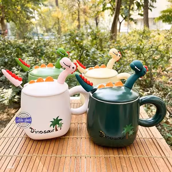 ماگ سرامیکی طرح دایناسور درب و قاشق دار