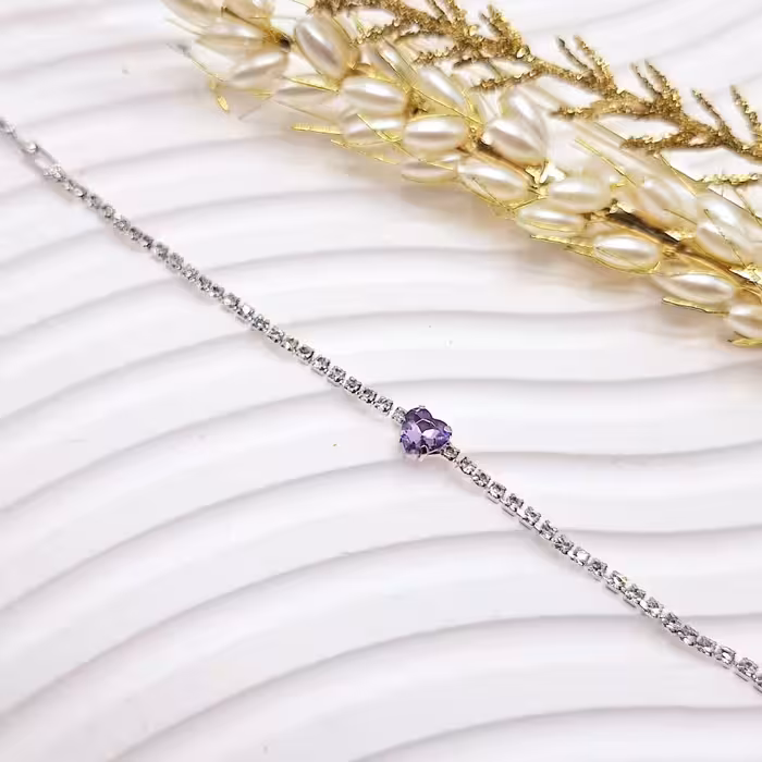 دستبند جواهری قلب بنفش فول نگین استیل