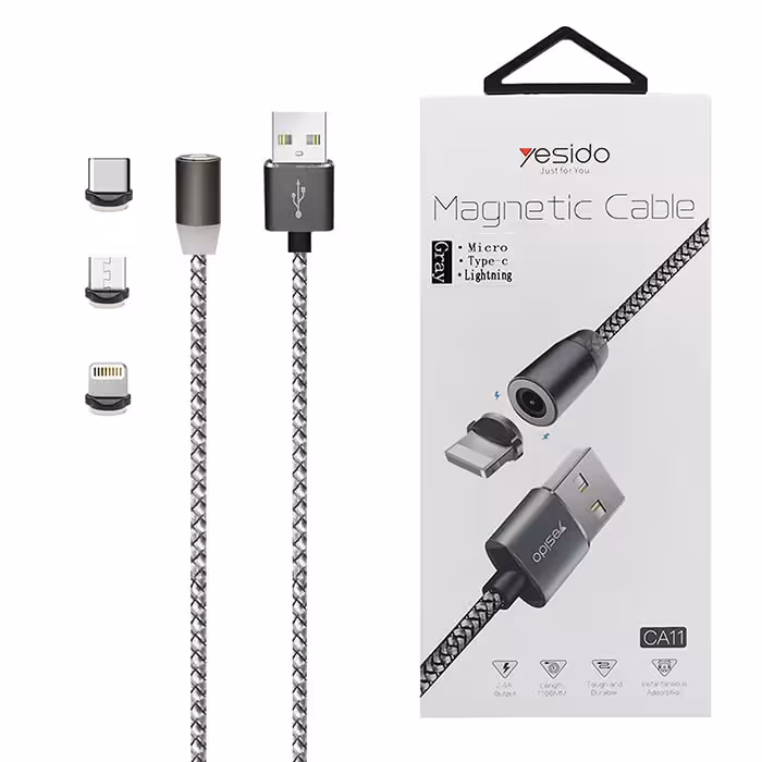 کابل 3کاره مگنتی لایتنینگ و میکرو و تایپسی یسیدو YESIDO CA11 طول 1متر