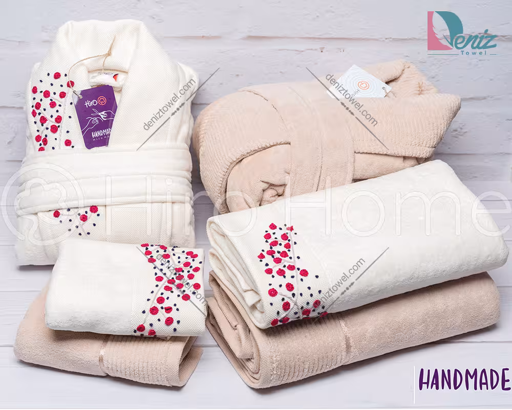 حوله ست دو نفره HANDMADE شکوفه رنگ شیری و کرم تیره