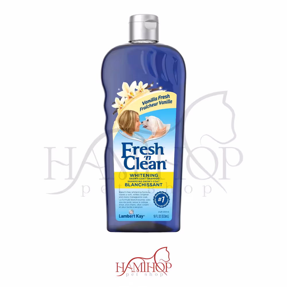شامپو سفید کننده سگ PetAg Fresh 'n Clean مخصوص موهای برفی، رایحه وانیل 533میل فرمول بدون سفید کننده برای اصلاح تغییر رنگ زرد تقویت و مرطوب کننده موها بدون صابونPetAg Fresh ’n Clean Whitening Snowy Coat Shampoo, Vanilla Scent 533ml Bleach-Free Formula to Correct Yellow Discoloration Strengthens & Moisturizes Coats - Soap Free