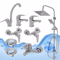 ست 9 عددی شیرآلات برند آیدا صنعت مدل قهرمان اردکی | شیر ظرفشویی   دو عدد شیر روشویی   شیر حمام   دو عدد شیر توالت   علم دوش یونیورست صفحه استیل   دو شلنگ توالت | کروم مات