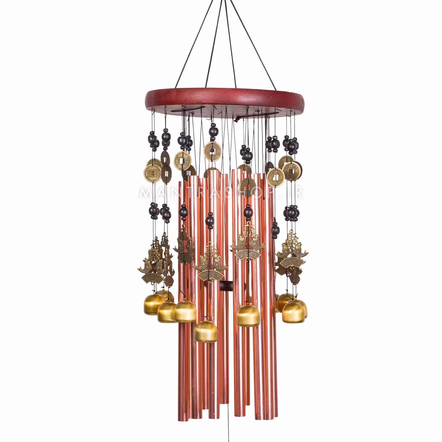 بادزنگ فنگشویی بزرگ فلز و چوب همراه با زنگوله سکه و نمادهای فنگشویی کد 139