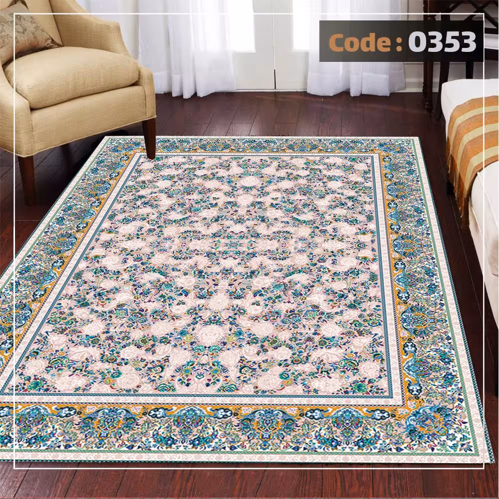 کاورفرش روفرشی دورکشدار گوشه لیفه ای لاکی ، آبی و متنوع کد 0353