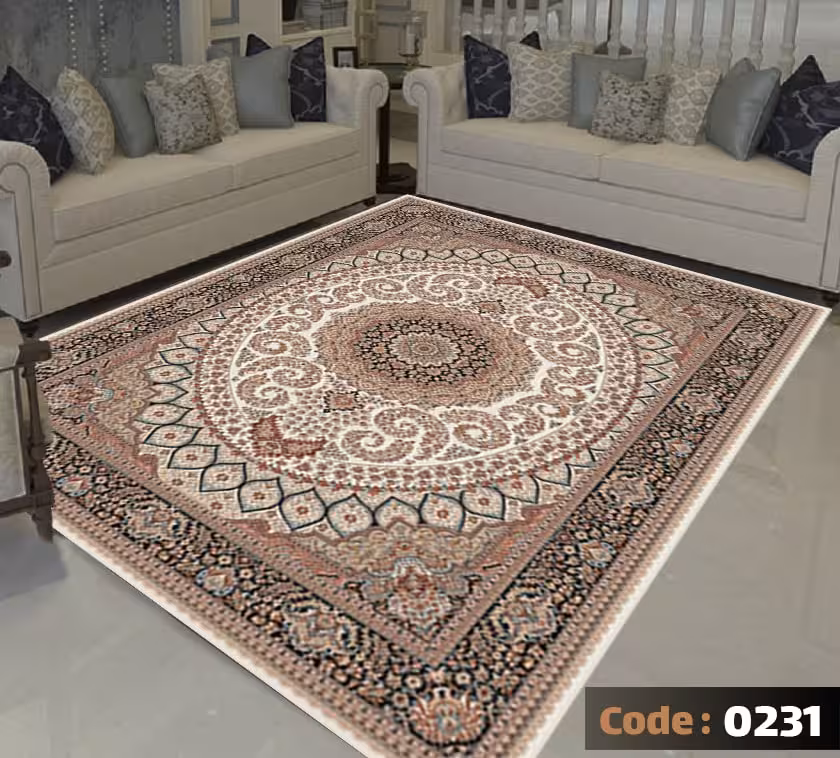 کاورفرش روفرشی دورکشدار گوشه لیفه ای کرم  قهوه ای کد 0231