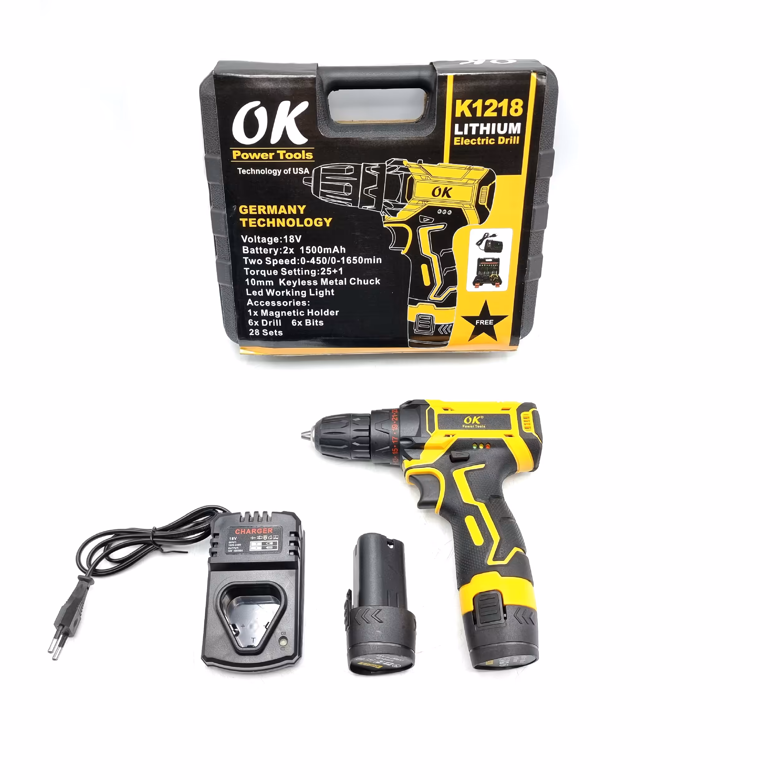 مجموعه 26 عددی دریل پیچ گوشتی شارژی صنعتی اوکی مدل K1218