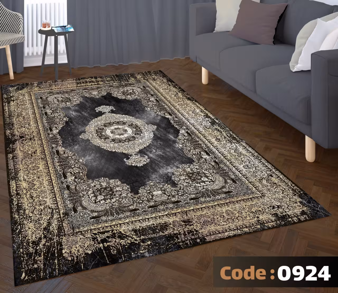 کاورفرش روفرشی دورکشدار گوشه لیفه ای طوسی کرم کد 0924