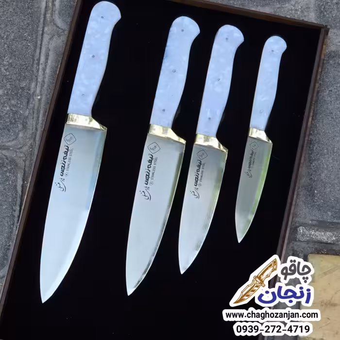 ست 4 پارچه چاقوهای اشپزی هادی فضلی دسته صدفی باربرند برنجی تیغه استیل