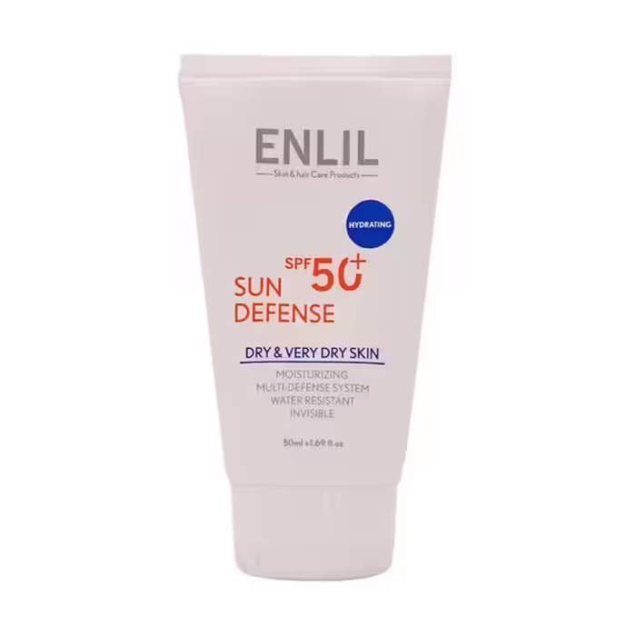 کرم ضدآفتاب SPF50 بی‌رنگ سان دیفنس مناسب پوست خشک انلیل 50 میلی‌لیتر Enlil
