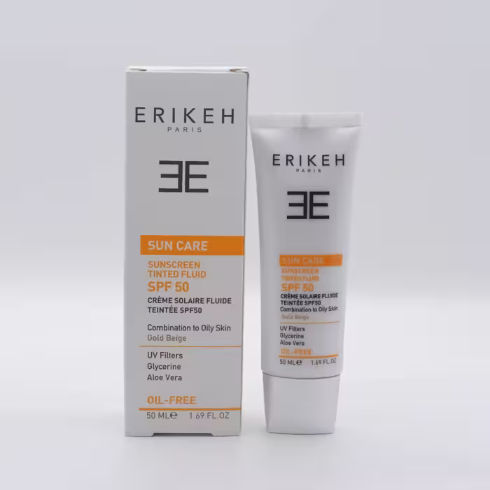 کرم ضدآفتاب SPF50 فاقد چربی اریکه 50 میلی لیتر بژ طلایی Erikeh Sunscreen Cream SPF 50 Oil Fre 50ml Gold Beige