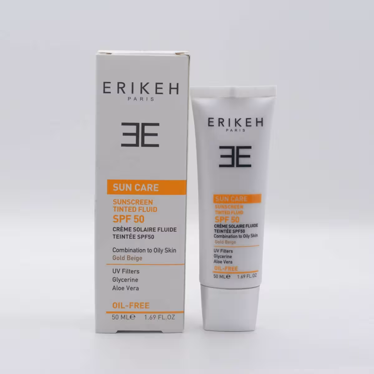 کرم ضدآفتاب SPF50 فاقد چربی اریکه 50 میلی لیتر بژ طلایی Erikeh Sunscreen Cream SPF 50 Oil Fre 50ml Gold Beige