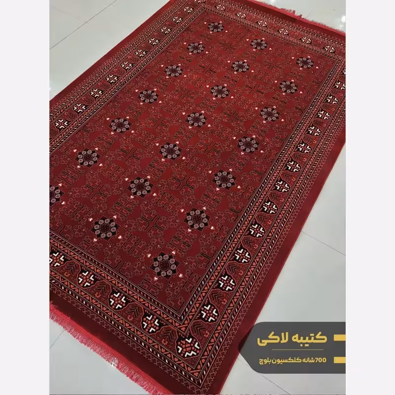 فرش سنتی ماشینی کاشان 700شانه آکرلیک قالیچه فرش قرمزطرح کتیبه لاکی4متری2،25در1،5(باارسال رایگان)