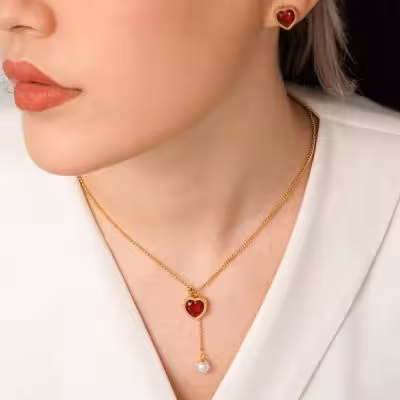 نیم ست یاقوت قرمز طرح قلب استیل 304