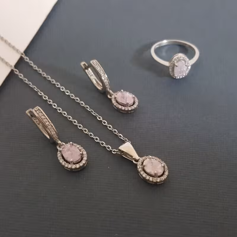 نیم ست نقره عیار 925 - باروکش اب رادیوم  - کد 1 -با سنگ زیرکن - W 3.5