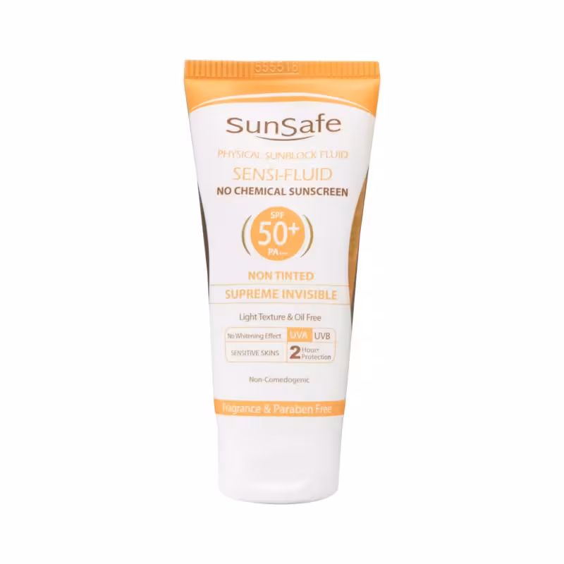 کرم ضد آفتاب SPF50 فاقد جاذب های شیمیای بدون رنگ سان سیف