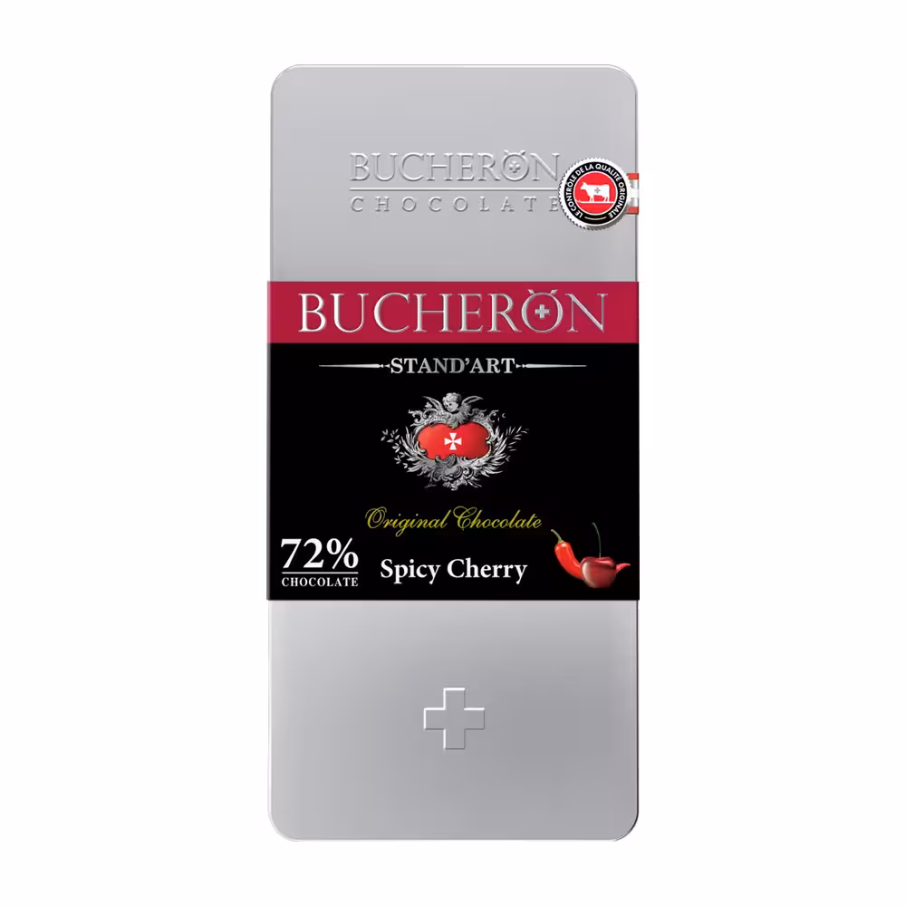 تابلت شکلات تلخ 72% بوچرون با طعم گیلاس و فلفل مدل استند آرت 100 گرم