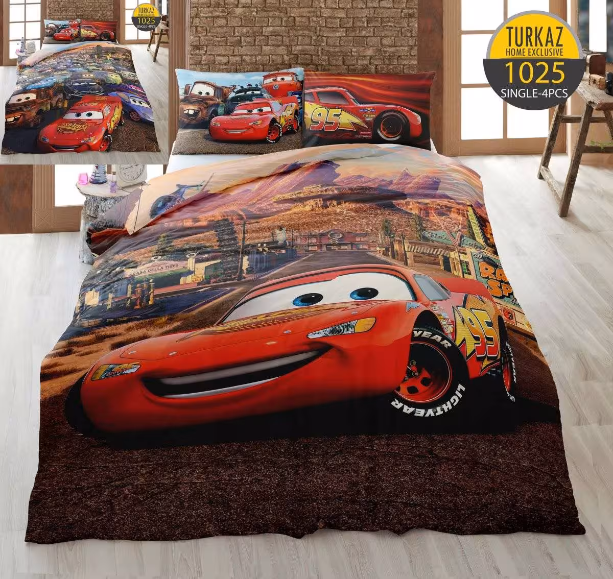 سرویس لحاف روتختی ماشین ها برند Turkaz یک نفره 4 تکه طرح 1025