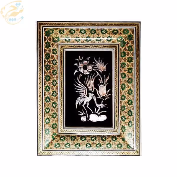 تابلو قلمزنی رومیزی با قاب خاتم کاری دوگل سبز 16در20