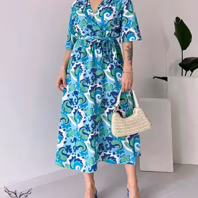 پیراهن مهمانی زنانه حریر فرانسه مدل یقه ضربدری آستین کیمونو دامن چاکدار