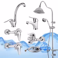 ست 7 عددی شیرآلات برند آیدا صنعت مدل قهرمان | شیر ظرفشویی   روشویی   حمام   2 عدد توالت   علم دوش شیپوری   شلنگ توالت | کروم براق