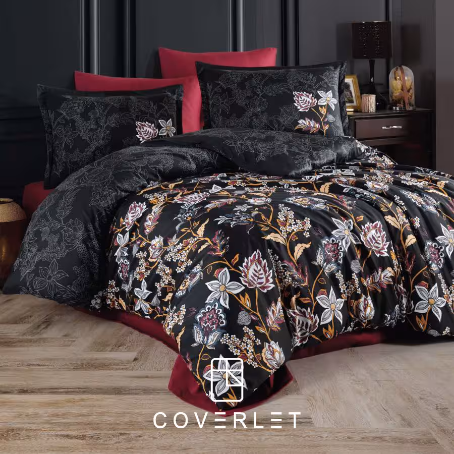 روتختی مشکی زرشکی طرح برگ و گل دونفره کاوری مدل Vilya