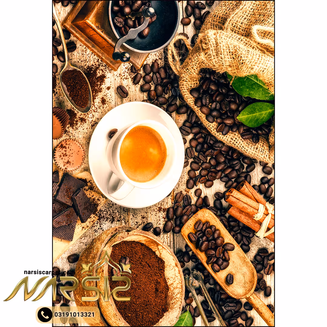 فرشینه آشپزخانه طرح فنجان با دانه های قهوه کد 7012