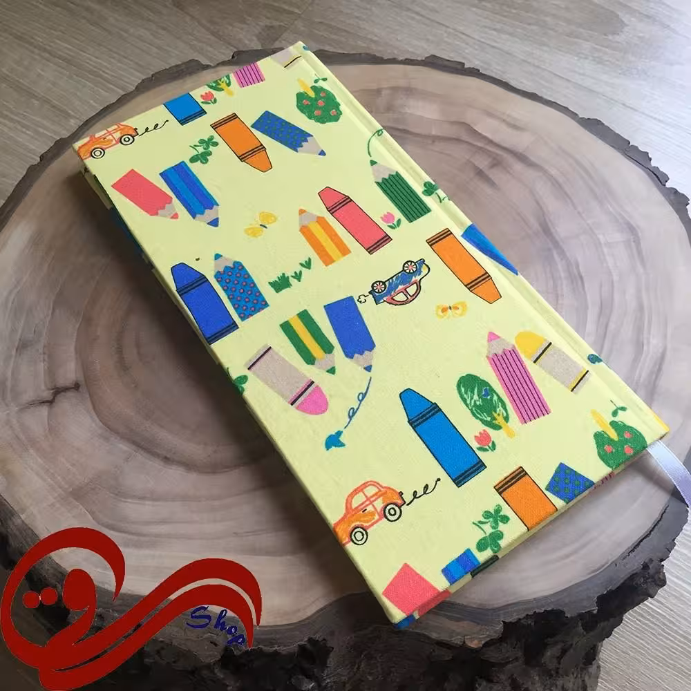 دفتر طرح پالتویی مداد رنگی زمینه لیمویی Fabric Handmade Notebook