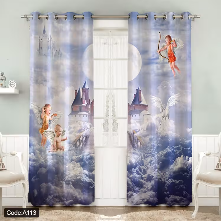 پرده پانچی مخمل چاپی دخترانه کد 113