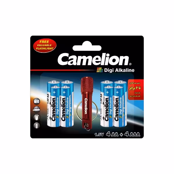 باتری قلمی و نیم قلمی کملیون مدل آلکالاین مجموعه 8 عددی به همراه چراغ قوه