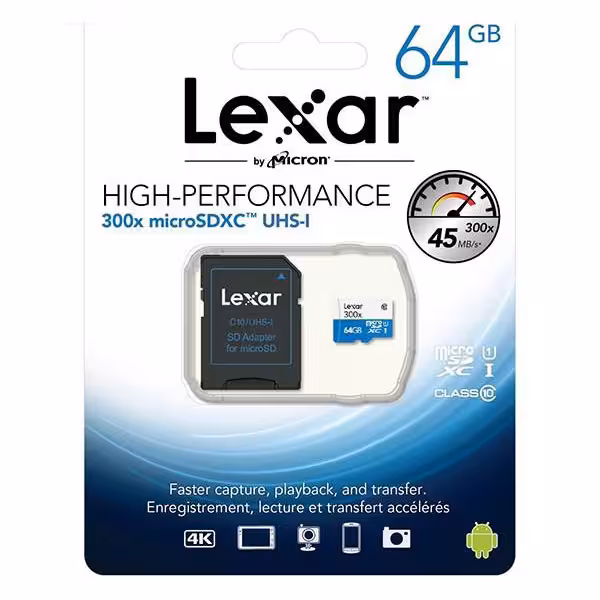 کارت حافظه‌ SDXC لکسار مدل High-Performance کلاس 10 استاندارد UHS-I U1 سرعت 45MBps 300X همراه با آداپتور SD ظرفیت 128 گیگابایت - فروشگاه اینترنتی پروتاچ