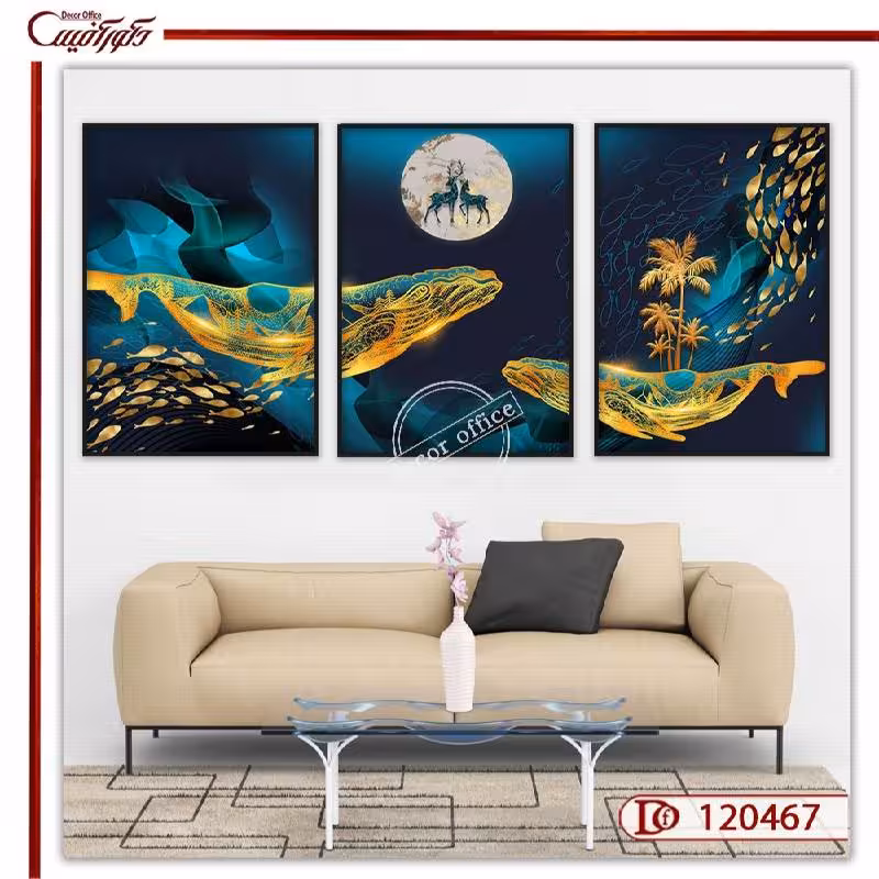 تابلو سه تکه گوزن و ماهی L120467