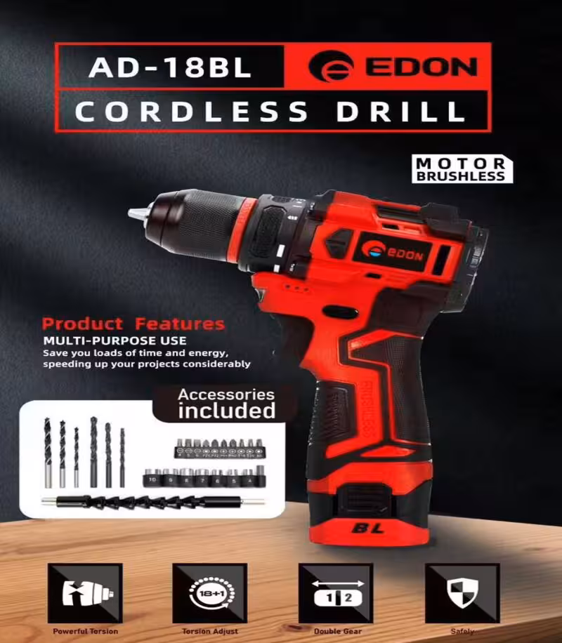 دریل شارژی پیچ گوشتی شارژی براشلس 18 ولتی ادون edon مدل 18BL
