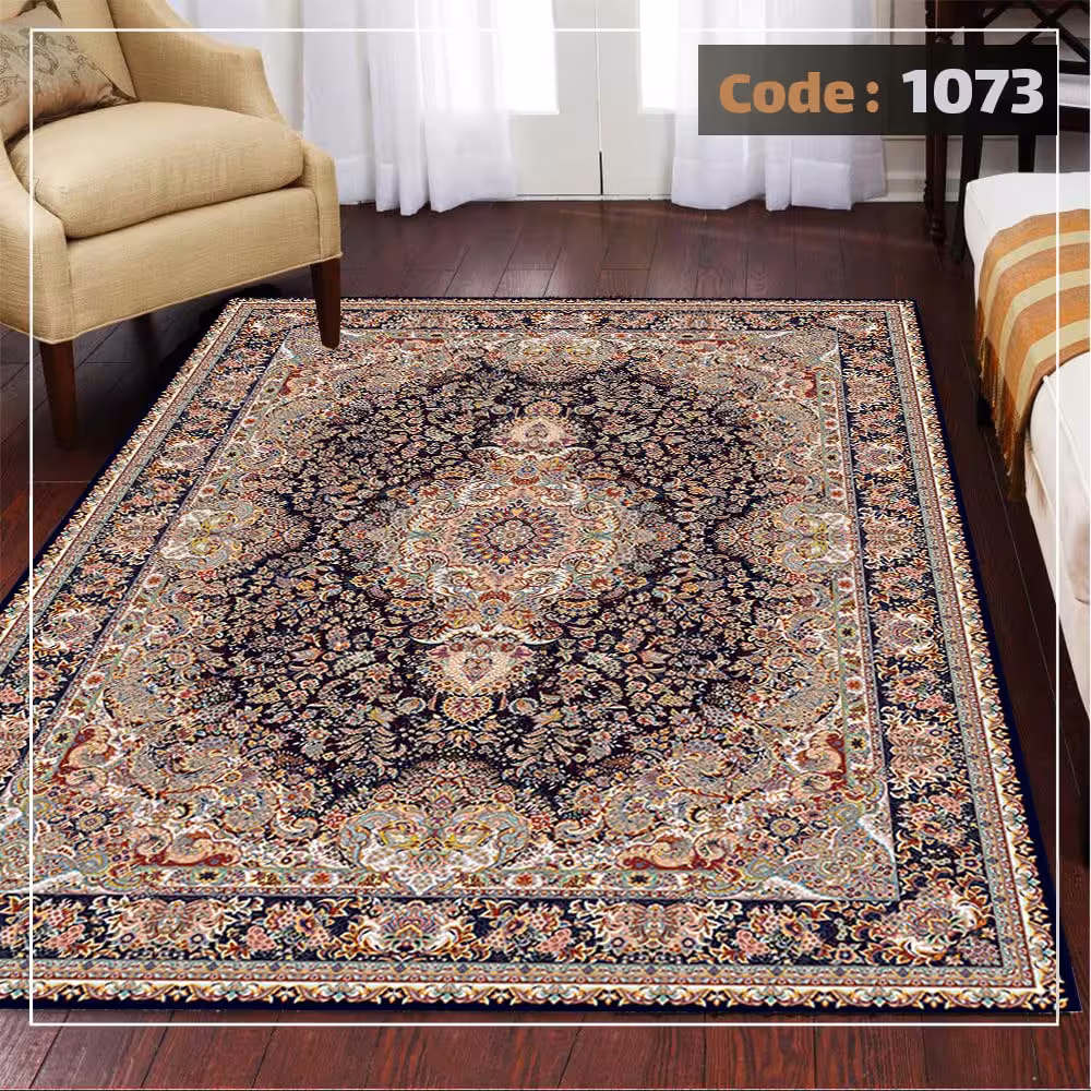 کاورفرش روفرشی دورکشدار گوشه لیفه ای لاکی ، آبی و متنوع کد 1073