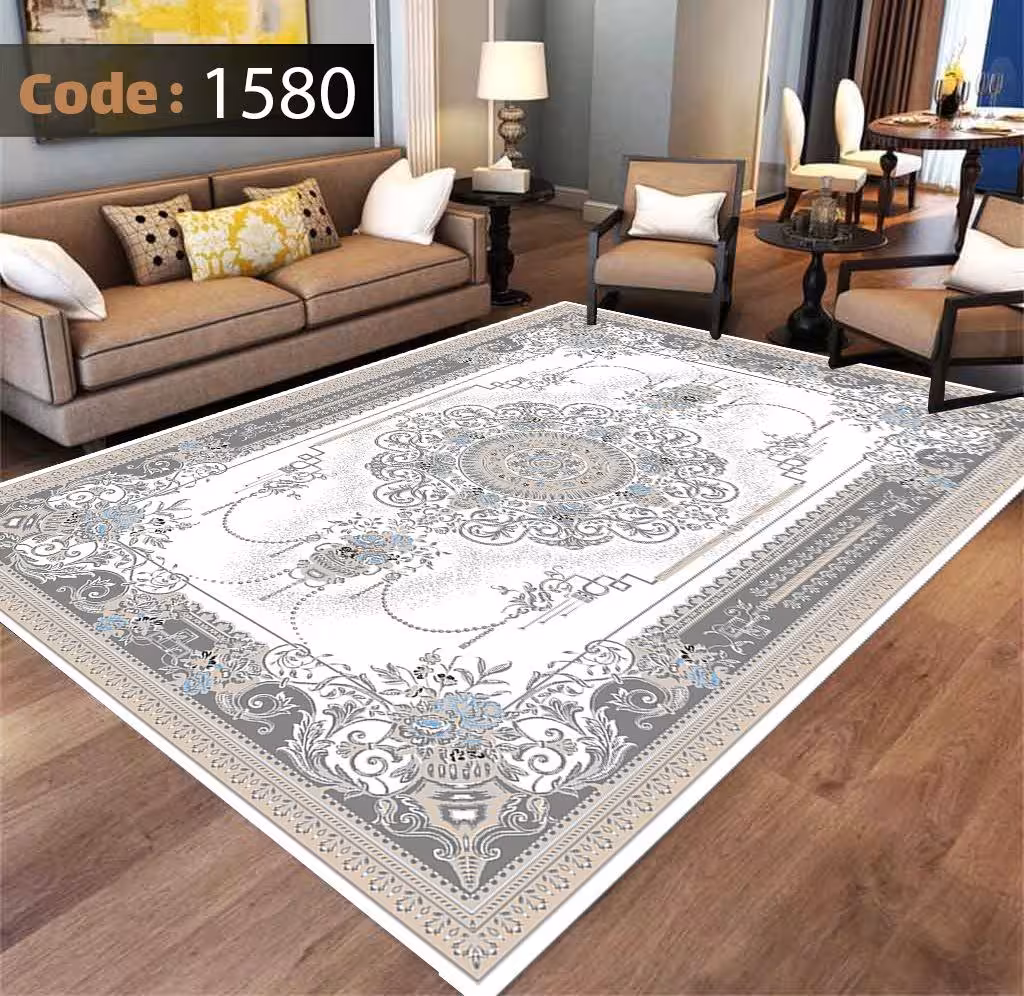 کاورفرش روفرشی دورکشدار گوشه لیفه ای طوسی کرم کد 1580