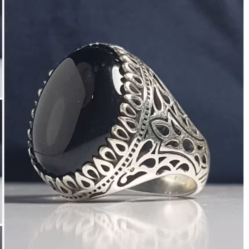 انگشتر نقره مردانه عقیق مشکی  معدنی اصل قابل حکاکی و ساسز