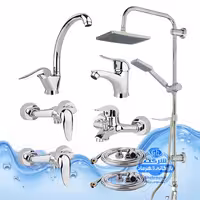 ست 8 عددی شیرآلات برند آیدا صنعت مدل قهرمان اردکی | شیر ظرفشویی   روشویی   حمام   دو عدد توالت   علم دوش یونیورست صفحه استیل رسوب‌گیر اتومات   دو شلنگ توالت | کروم براق