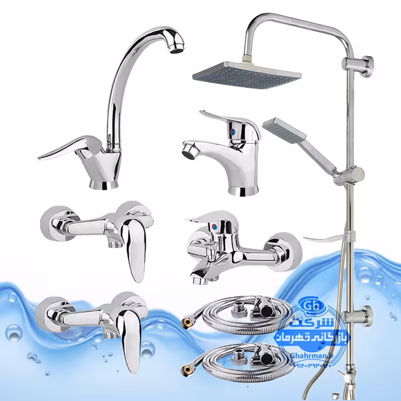 ست 8 عددی شیرآلات برند آیدا صنعت مدل قهرمان اردکی | شیر ظرفشویی   روشویی   حمام   دو عدد توالت   علم دوش یونیورست صفحه استیل رسوب‌گیر اتومات   دو شلنگ توالت | کروم براق