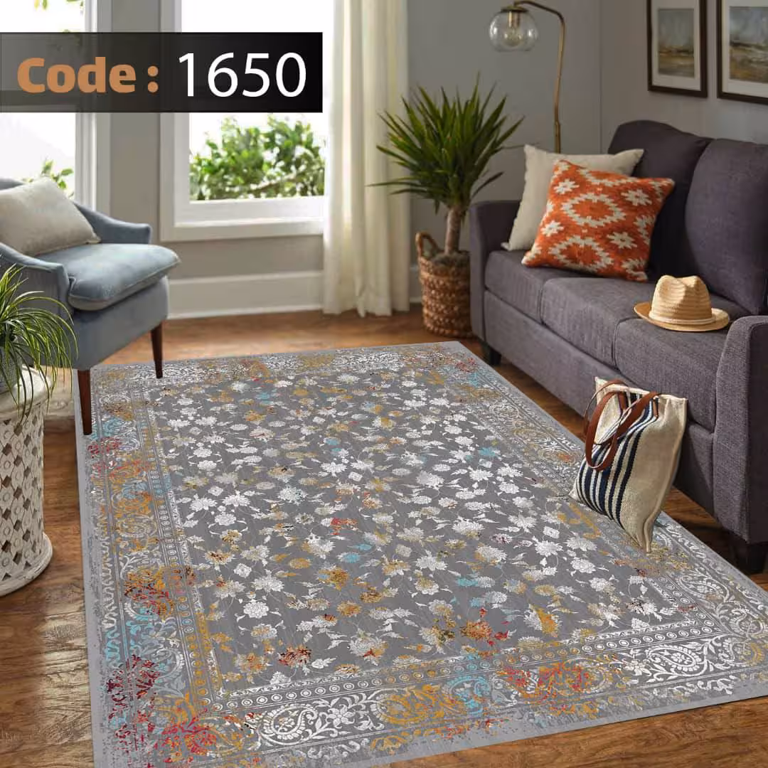 کاورفرش روفرشی دورکشدار گوشه لیفه ای طوسی کرم کد 1650