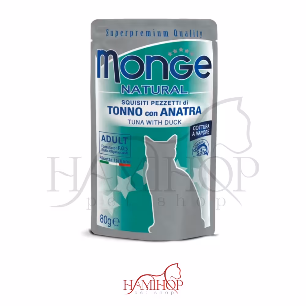 پوچ گربه برند مونژه طعم ماهی تن در ژله با اردک Monge Natural pouches Tuna in Jelly with Duck 80g