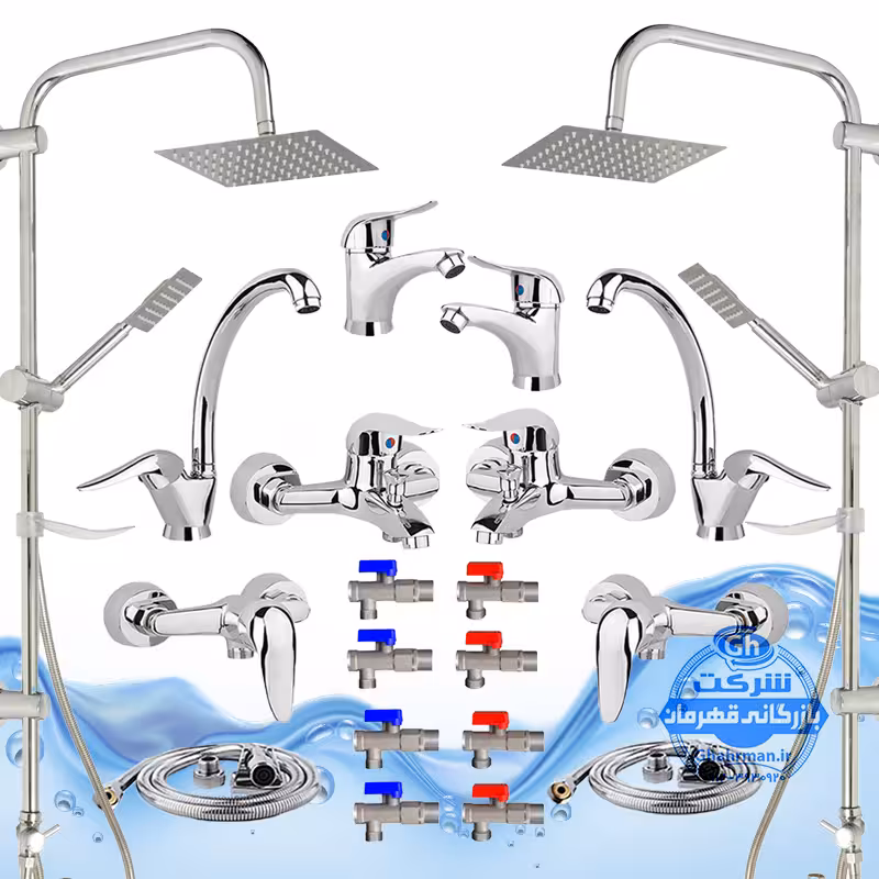 ست 20 عددی شیرآلات برند آیدا صنعت مدل قهرمان اردکی | دو عدد شیر ظرفشویی   دو عدد شیر روشویی   دو عدد شیر حمام   دو عدد شیر توالت   دو عدد علم دوش یونیورست مدل صفحه استیل مربع    دو عدد شلنگ توالت   دو عدد شلنگ استیل   هشت عدد شیر پیسوار | کروم براق