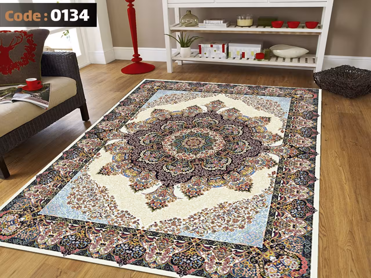 کاورفرش روفرشی دورکشدار گوشه لیفه ای کرم  قهوه ای کد 0134