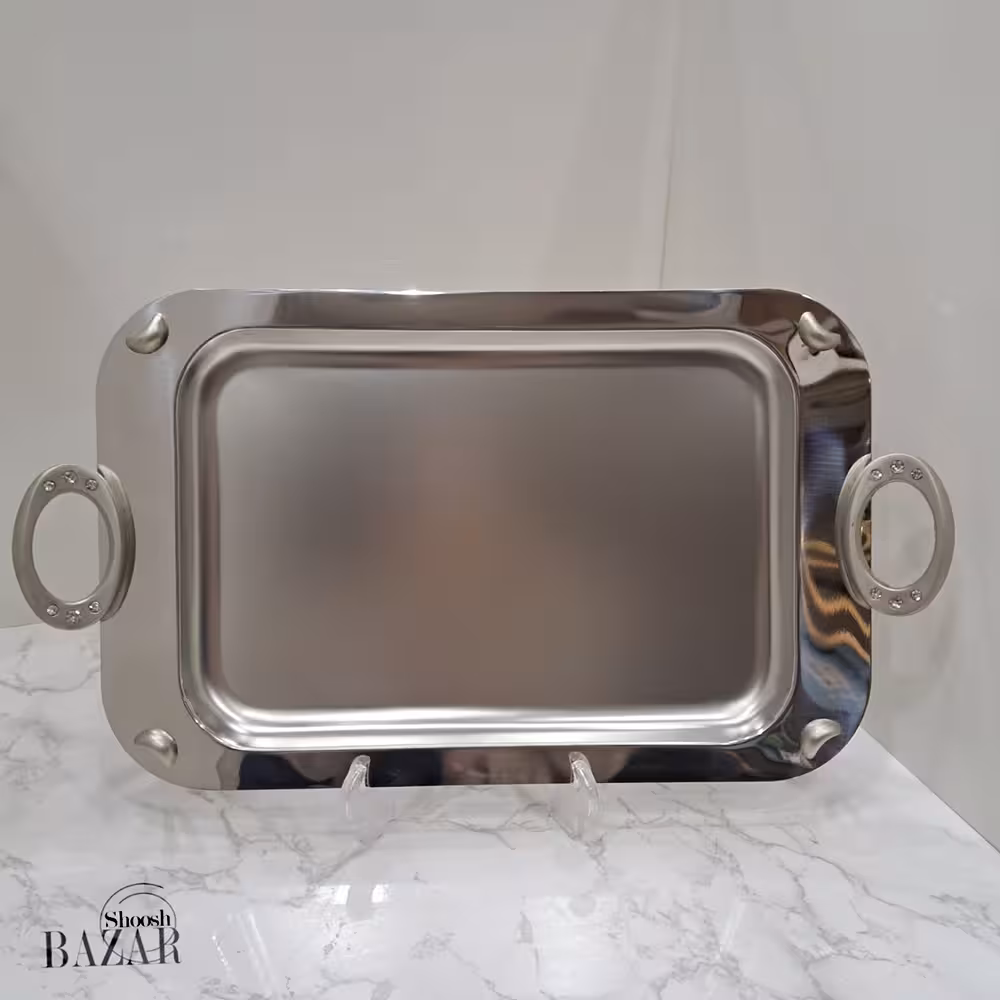 سینی مستطیل استیل مات ساده پایه دار