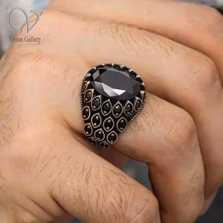 انگشتر نقره مردانه سنگ اونیکس چند وجهی بیضی بسیار شیک ترک کد 6119