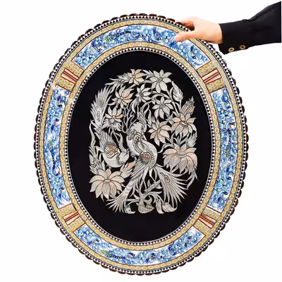 تابلو قلمزنی مدل الیپس قاب خاتم و نقاشی طرح گل و مرغ برجسته کد 55p66-3f4Bl