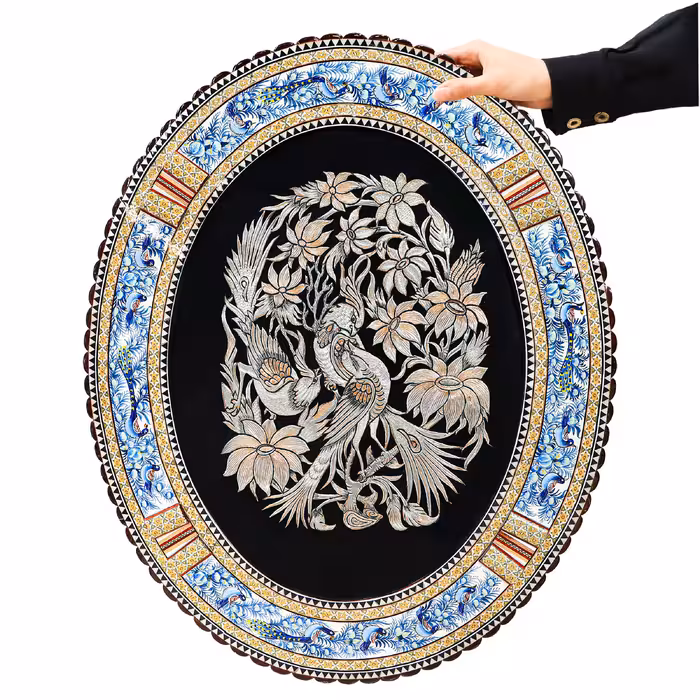 تابلو قلمزنی مدل الیپس قاب خاتم و نقاشی طرح گل و مرغ برجسته کد 55p66-3f4Bl