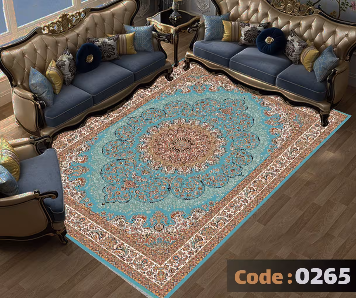 کاورفرش روفرشی دورکشدار گوشه لیفه ای لاکی ، آبی و متنوع کد 0265