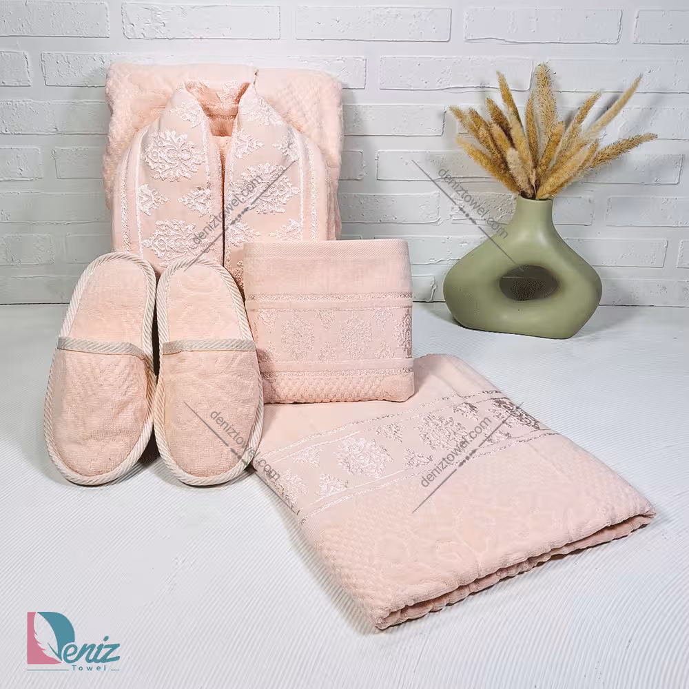 حوله ست یک نفره ژاکارد رنگ گلبهی روشن