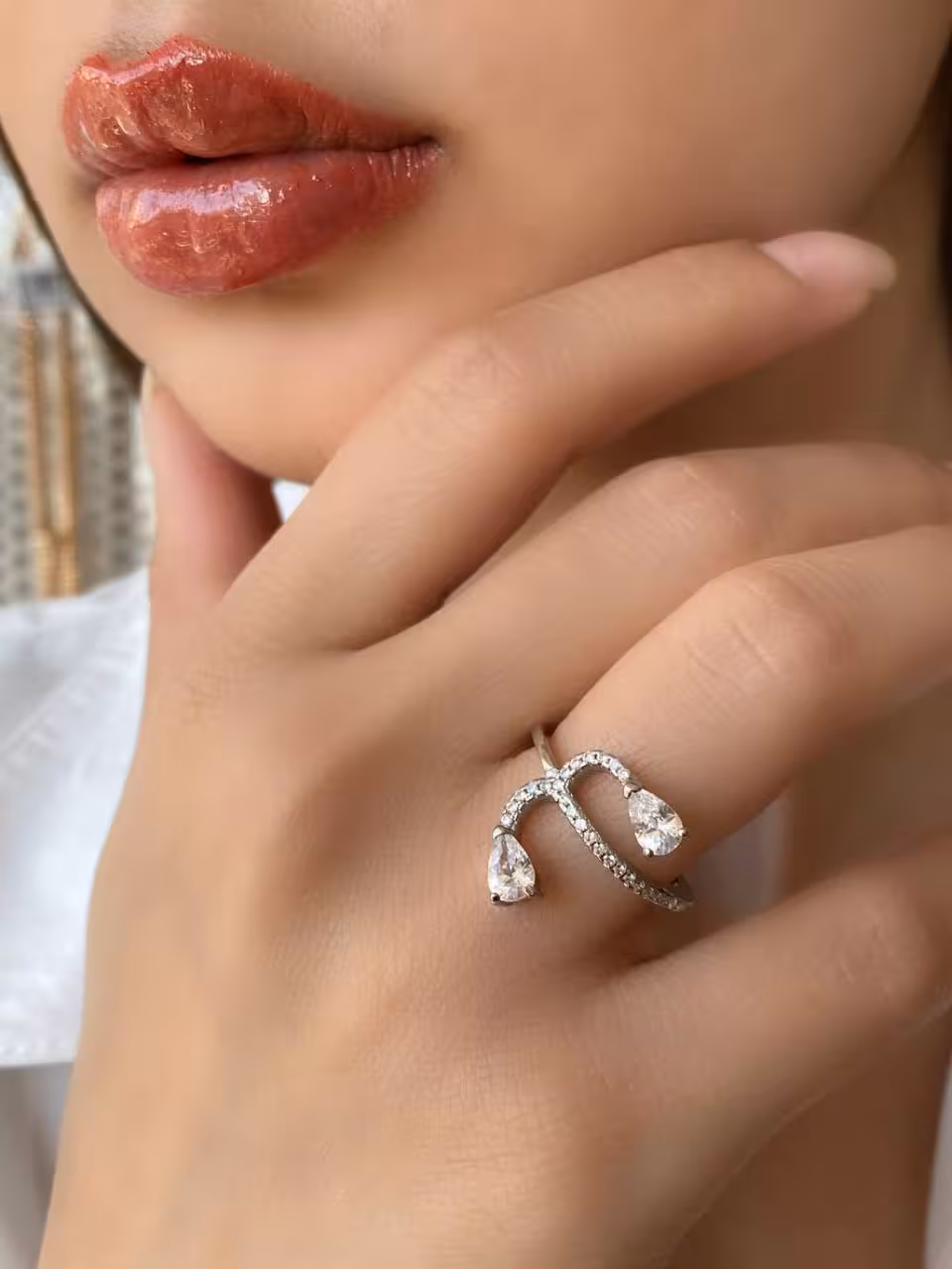 انگشتر نقره مدل دو قطره اشک، رنگ ثابت