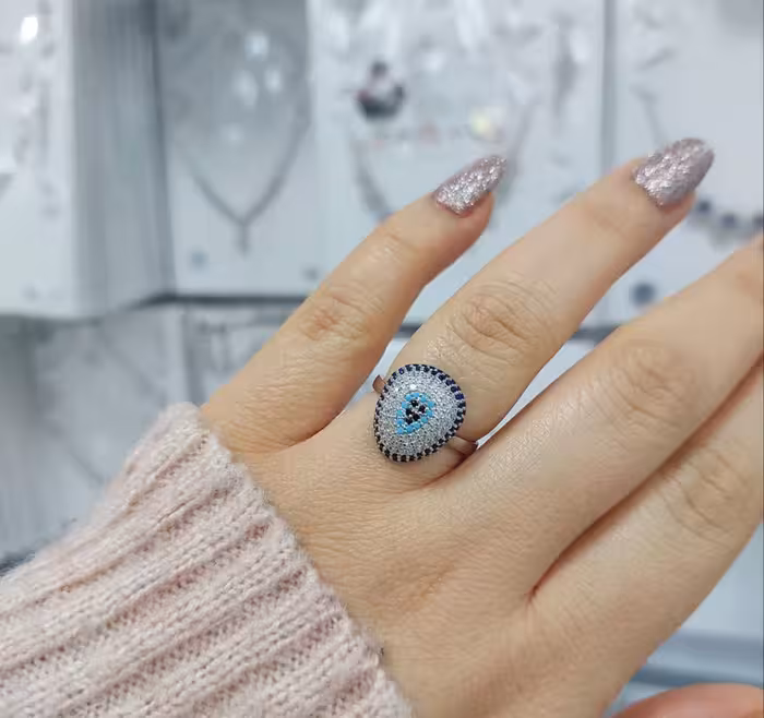 انگشتر چشم نظر جواهری نقره زنانه کد 10632