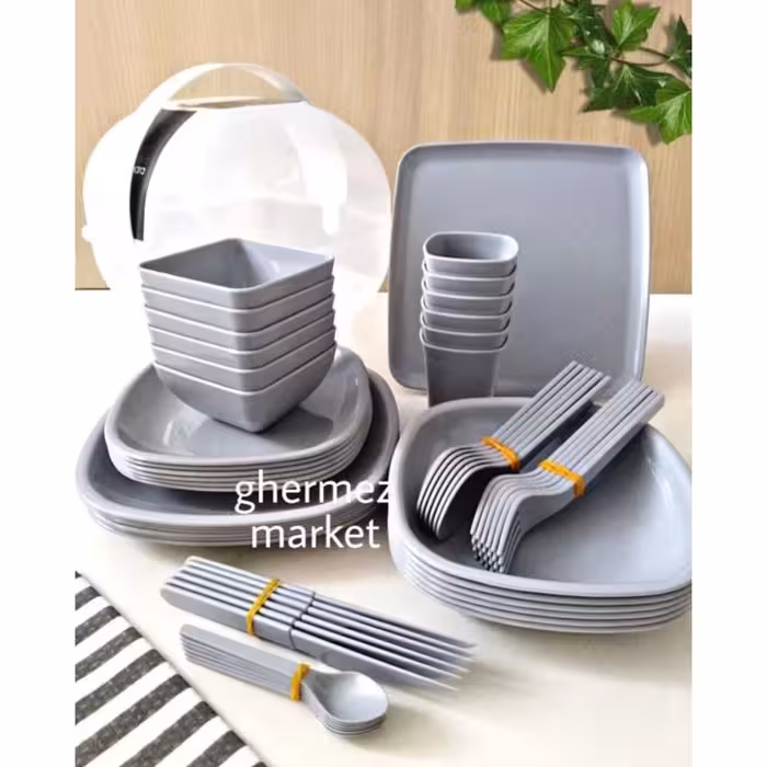 سرویس ظروف مسافرتی و پیکنیک طوسی ،  58 پارچه ( هزینه پست بر اساس وزن میباشد و درب منزل پرداخت میشود )